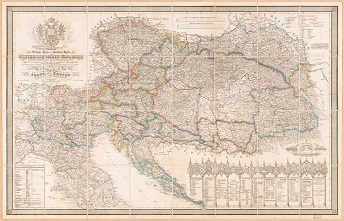 A map of the Austrian Monarchy from 1854 with regions hand-colored