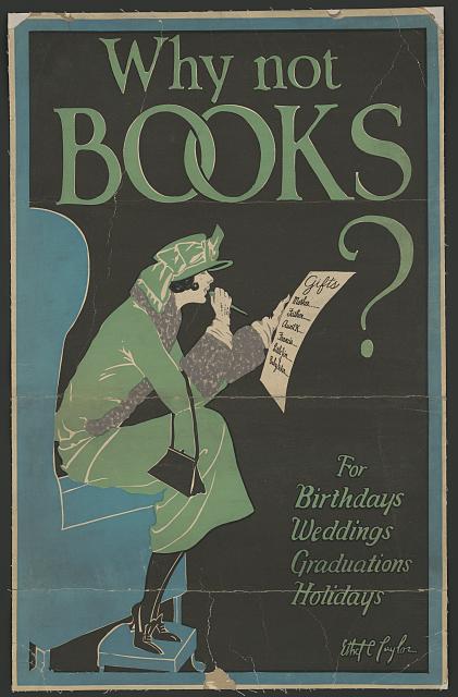 Poster shows an illustration of a young woman, wearing a green coat and hat and sitting in a blue chair, reading a list of names for gifts she has to buy.