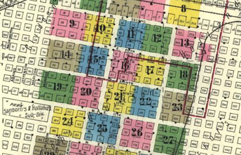 An index map of an insurance map of Amarillo, Texas containing an index of maps as a table of text underneath a color-coded and numbered map with streets and building numbers.