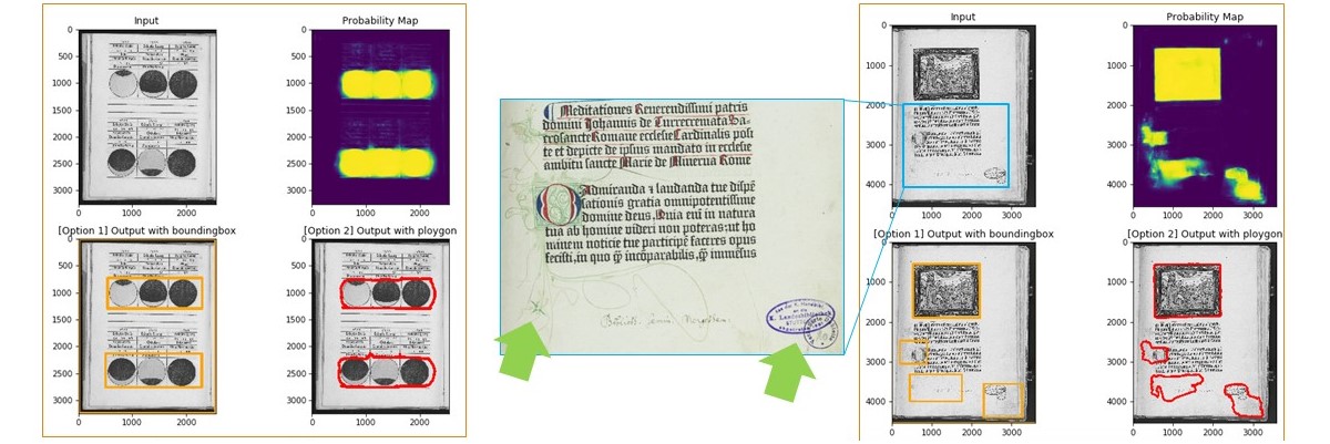 screenshot of eight scanned manuscript pages. visual content is identified on the page with yellow and red markings.