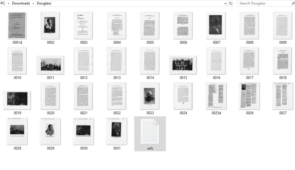 screen capture of a folder containing 31 images that are scanned pages from a book by Anna Murray Douglass.